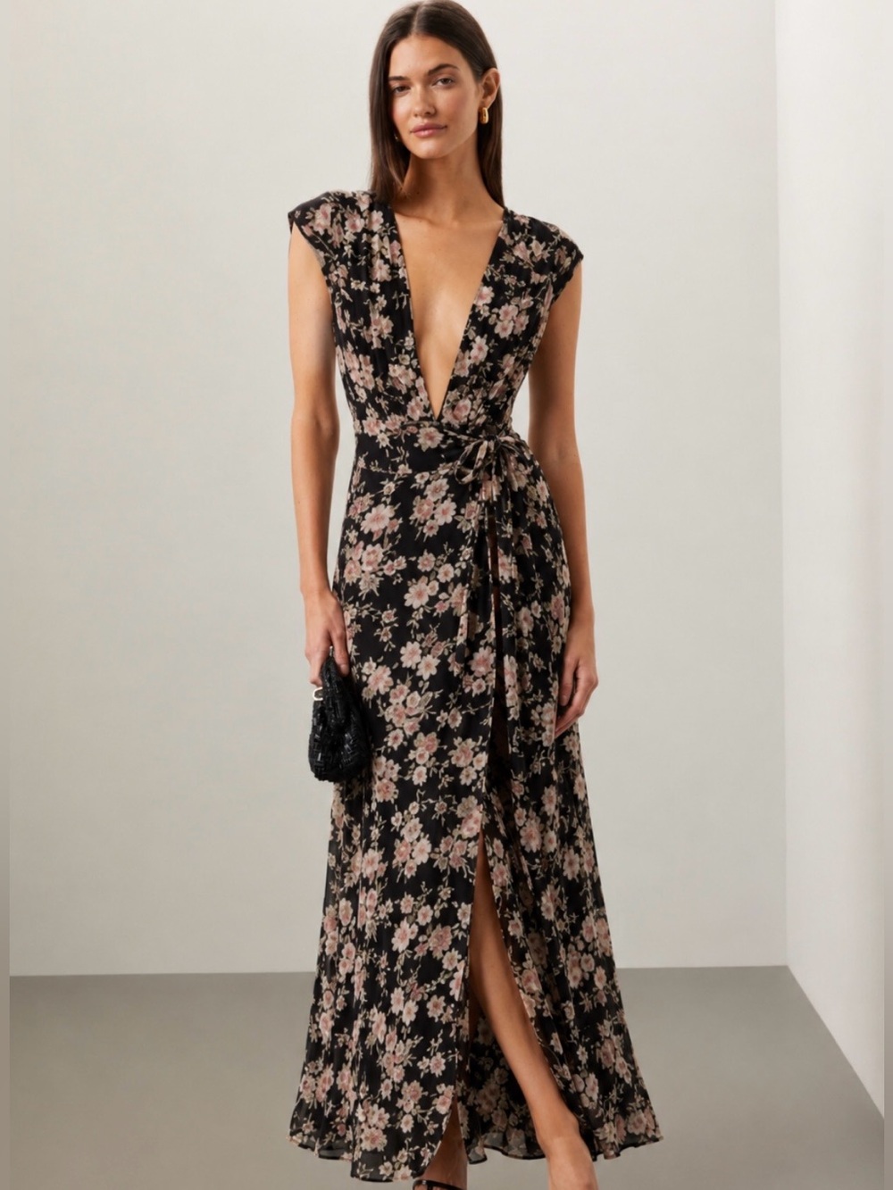 Reformation Floral Wrap Maxi Dress Black Pink Plunging Neckline